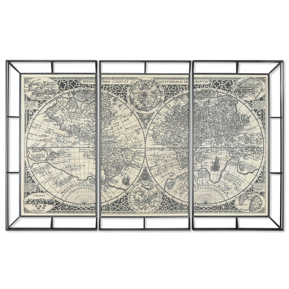 Set of 3 pictures Home ESPRIT White Black World Map 222 x 8 x 140 cm (3 Pieces)-0