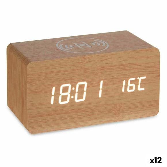 Alarm Clock with Wireless Charger Brown PVC MDF Wood 15 x 7,5 x 7 cm (12 Units)-0