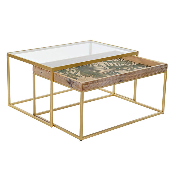 Set of 2 tables DKD Home Decor Golden Natural Wood Metal Crystal 90 x 60 x 45 cm-0
