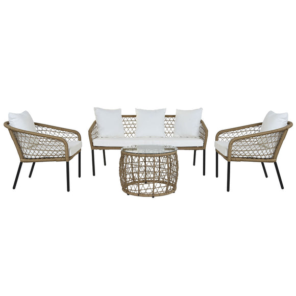 Table Set with 3 Armchairs DKD Home Decor White 137 x 73,5 x 66,5 cm synthetic rattan Steel-0