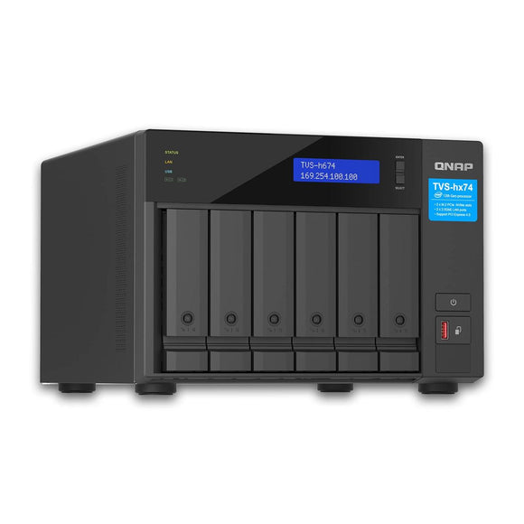 QNAP ZFS-based storage | TVS-h674-i5-32G with PCIe Gen 4 expandability for 10/25GbE connectivity, M.2 NVMe SSD caching and multi-threads processors | Intel | i5-12400 6-core/12-thread | 32 GB | DDR4 SODIMM | Black-0
