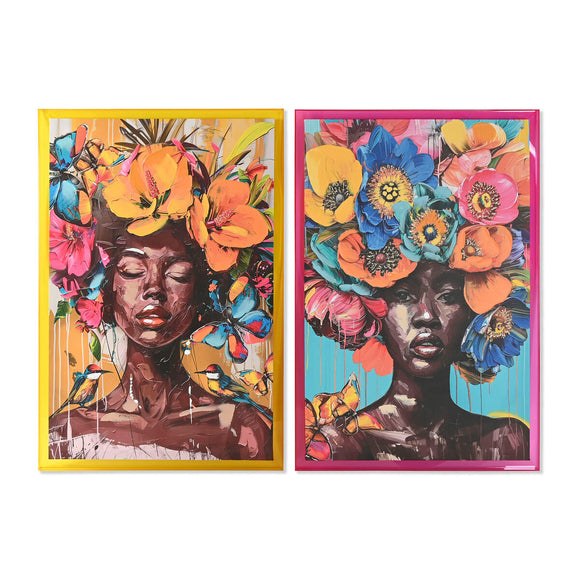 Painting Home ESPRIT Yellow Pink Modern African Woman 80 x 3,3 x 120 cm (2 Units)-0