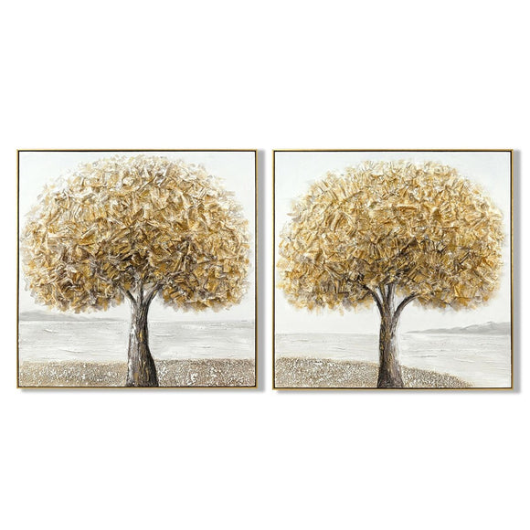 Canvas Home ESPRIT Grey Golden Tree Traditional 102 x 4,5 x 102 cm (2 Units)-0