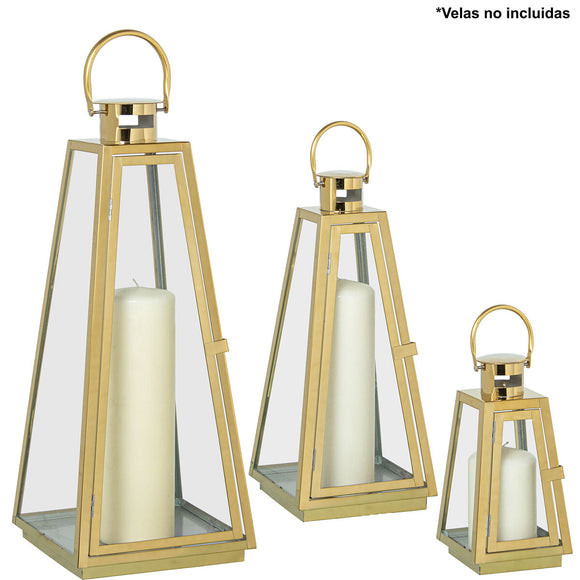 Lanterns Alexandra House Living Golden Steel 12 x 25 x 12 cm 18 x 53 x 18 cm 17 x 39 x 17 cm Candleholder 3 Pieces-0