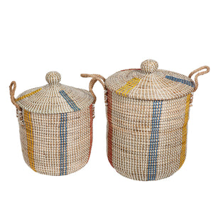 Set of Baskets Romimex Blue Beige Orange Natural Fibre With lid (2 Pieces)-0