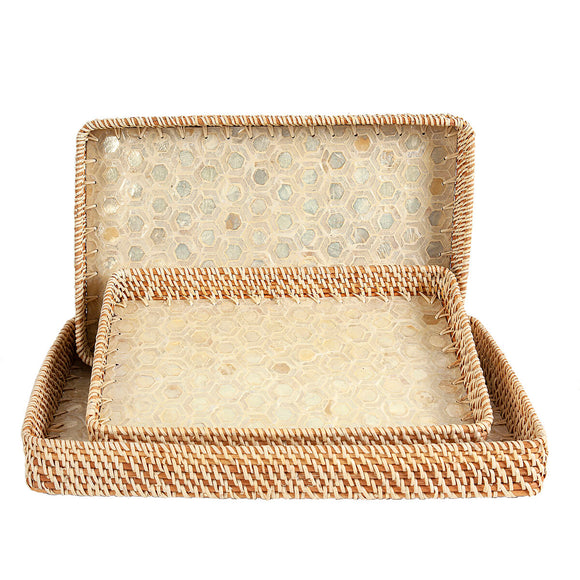 Set of trays Romimex Beige Rattan Mother of pearl 52 x 6 x 32 cm 3 Pieces-0