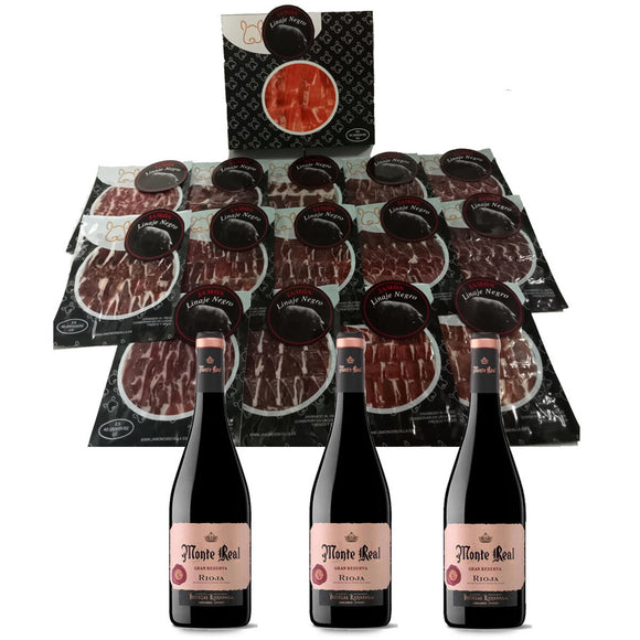 Acorn-fed Iberico Ham Linaje Negro 100 g x 15 Bottle of red wine 750 ml x 3 Monte Real-0