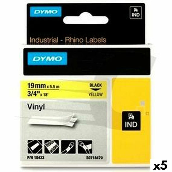 Laminated Tape for Labelling Machines Rhino Dymo ID1-19 19 x 3,5 mm Black Yellow Self-adhesives (5 Units)-0
