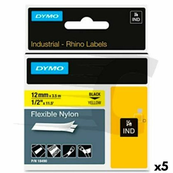 Laminated Tape for Labelling Machines Rhino Dymo ID1-12 Yellow Black 12 x 3,5 mm Self-adhesives (5 Units)-0