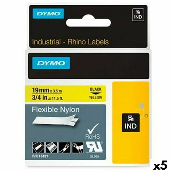 Laminated Tape for Labelling Machines Rhino Dymo ID1-19 19 x 3,5 mm Black Yellow Self-adhesives (5 Units)-0