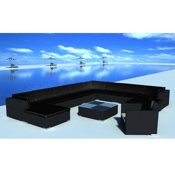 vidaXL 12-teiliges Terrassen-Lounge-Set mit Kissen Poly Rattan Schwarz