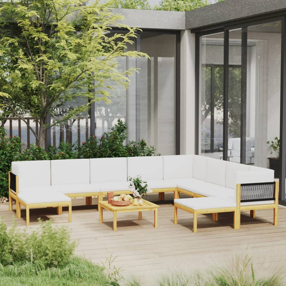 vidaXL 11-teiliges Terrassen-Lounge-Set mit Kissen Cremefarben Massives Akazienholz
