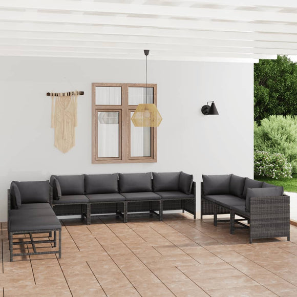 vidaXL 10-teiliges Terrassen-Lounge-Set mit Kissen Poly Rattan Grau
