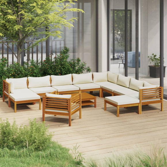 vidaXL 12-teiliges Terrassen-Lounge-Set mit cremefarbenem Kissen aus massivem Akazienholz